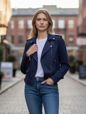 LOFT NAVY BLUE FAUX SUEDE SHORT MOTO JACKET SIZE 4